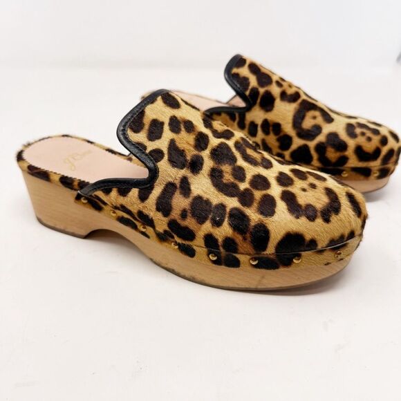 J. Crew Calf Pony Hair Cheetah Leopard Print Wooden Clogs Size 6 - Picture 3 of 9